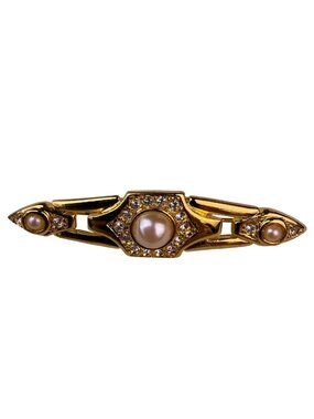Vintage Gold Tone Faux Pearl & Rhinestone Bar Brooch Elegant Design